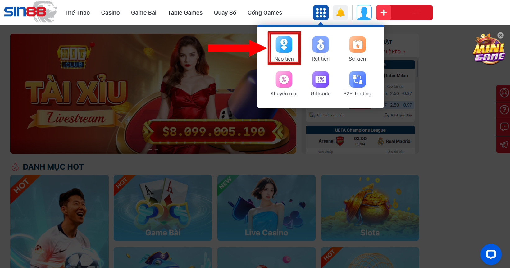 NẠP TIỀN SIN88 THÔNG QUA THẺ CÀO