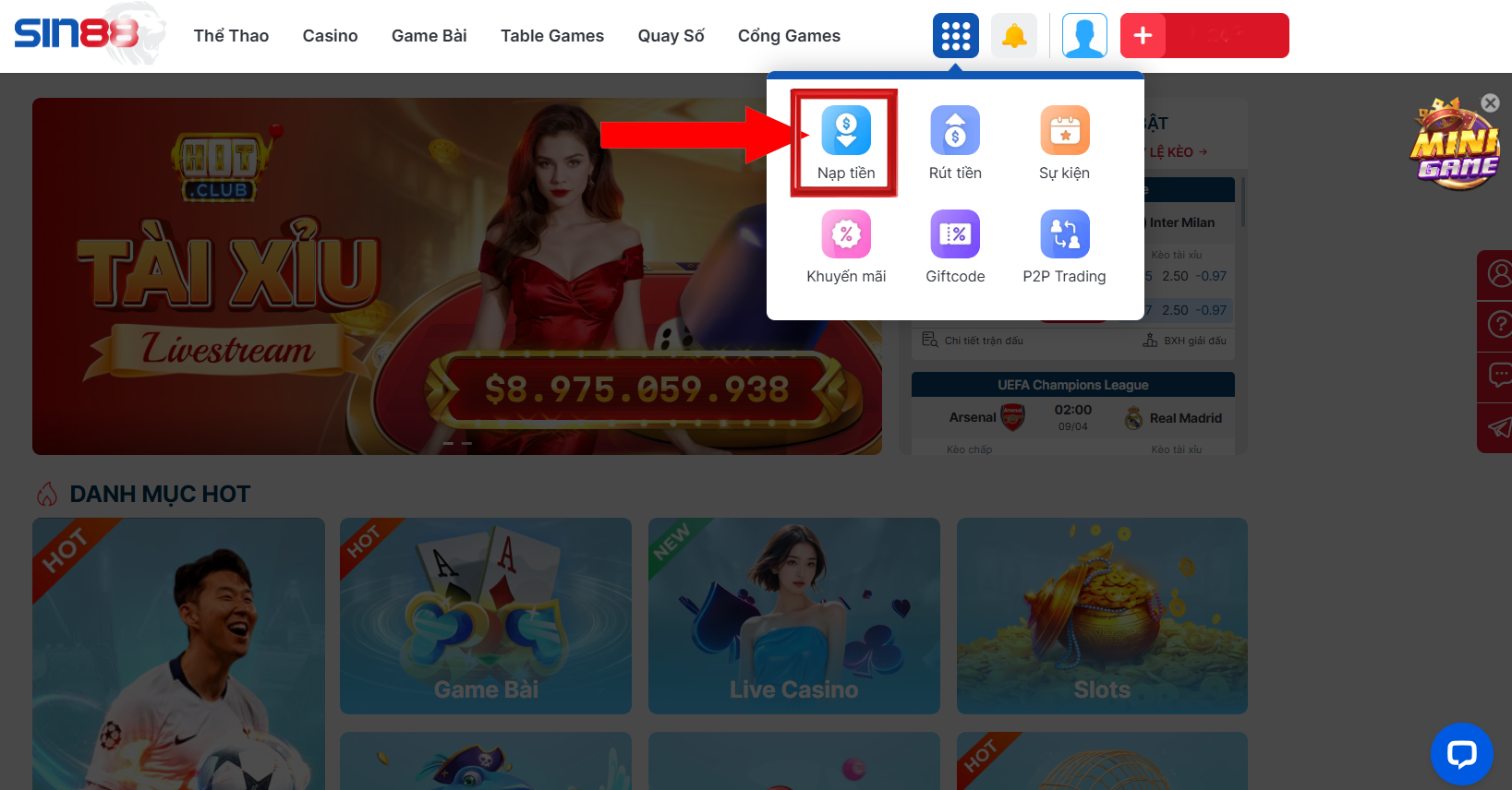 NẠP TIỀN SIN88 THÔNG QUA VÍ ĐIỆN TỬ
